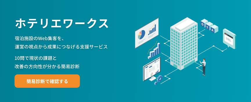 ホテルのWeb集客を、運営の視点から成果に繋げるサービス、ホテリエワークス。10問で現状の課題と改善の方向性が分かる簡易診断で確認する